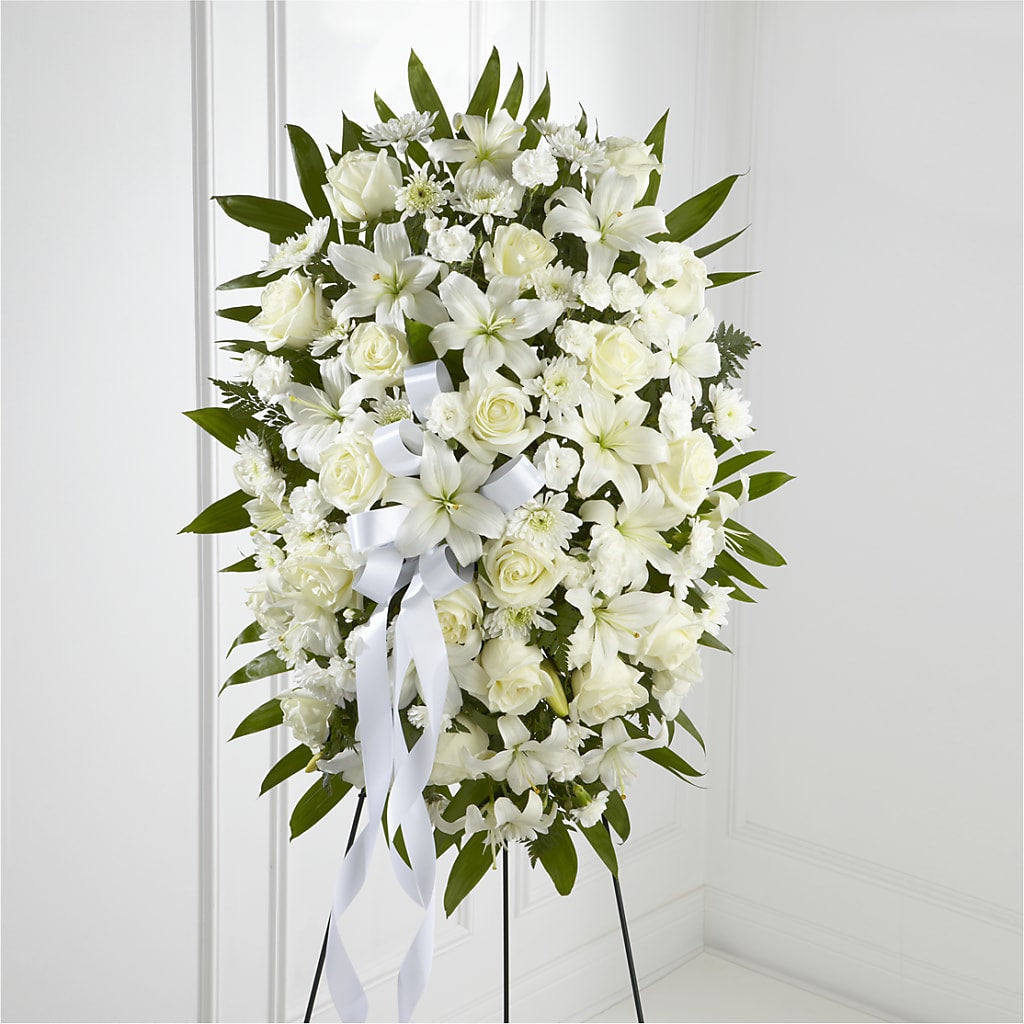 Exquisite Tribute Standing Spray-White Ribbon – Salisbury Flower Shop, Salisbury NC