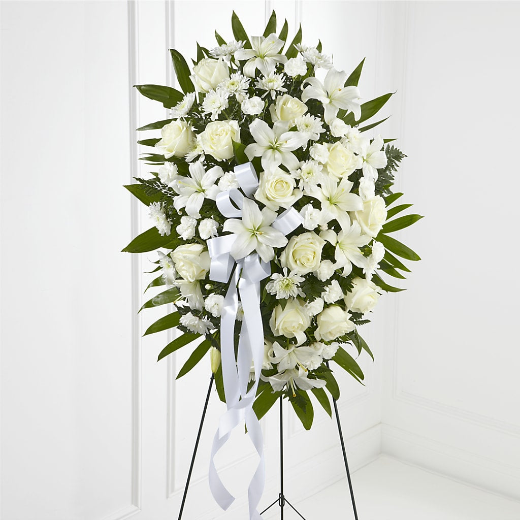 Exquisite Tribute Standing Spray-White Ribbon – Salisbury Flower Shop, Salisbury NC